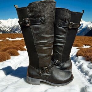Earth Origins Penelope Black Leather & Fabric Knee-High Boots Sz 6.5 Wide Shaft